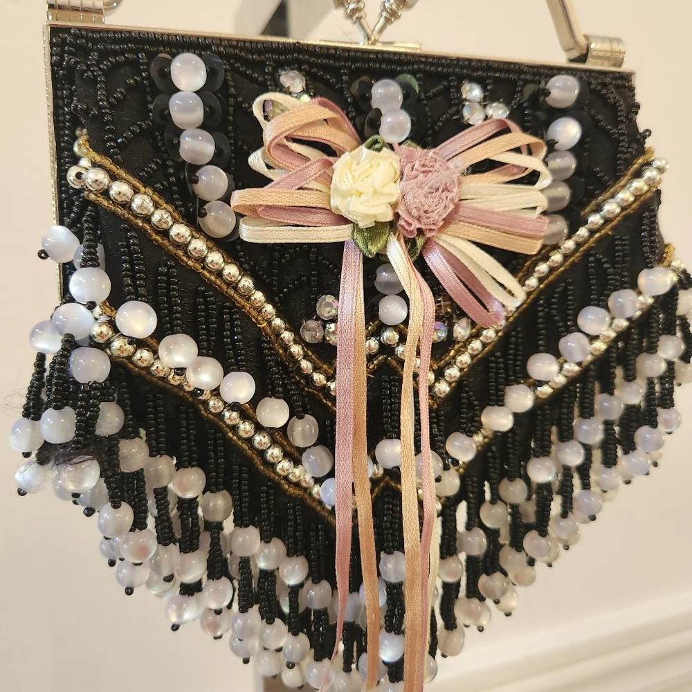 Beaded Handbag Black & White Clutch Purse No Strap
